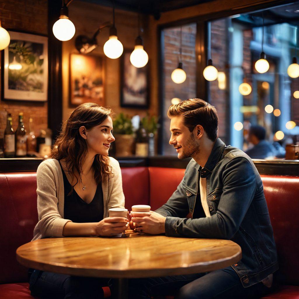 A romantic yet modern scene depicting a couple in a cozy urban café, engaged in deep conversation, with soft, warm lighting creating an intimate atmosphere. Surrounding them, hints of modern technology like smartphones and chat bubbles symbolize today's hookup culture. Soft focus effect on background details to emphasize the couple's connection. vibrant colors. super-realistic.