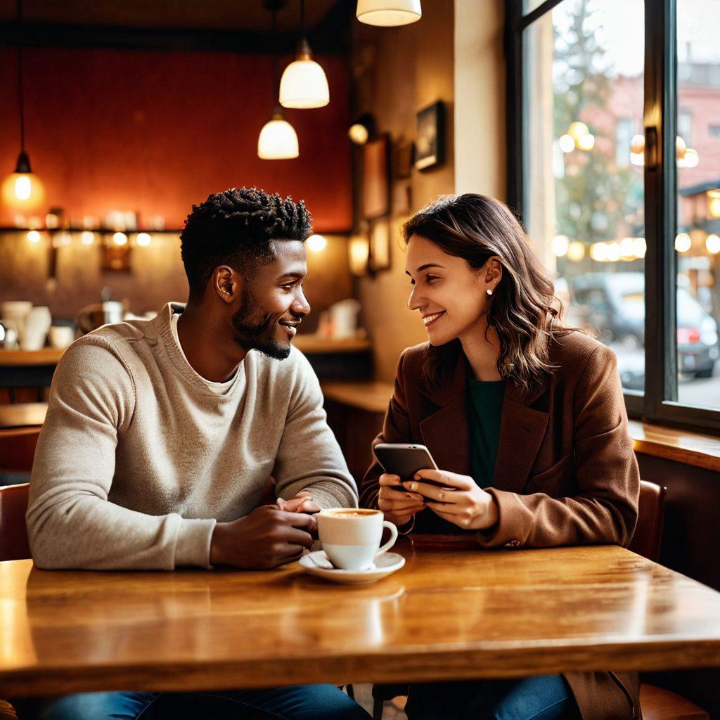 A diverse couple sitting together in a cozy café, engaged in a deep conversation, surrounded by warm lighting and a romantic atmosphere. Include subtle symbols of modern romance, like smartphones and coffee cups, along with a book on relationships placed on the table. Capture the essence of connection and understanding. super-realistic. warm colors. modern style.