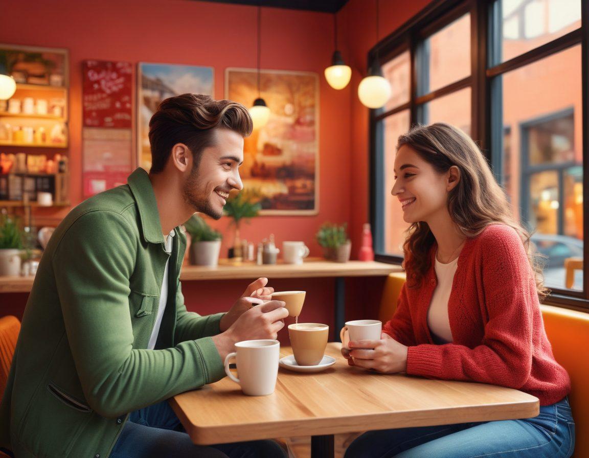 A vibrant collage illustrating various modern dating scenarios, featuring young adults engaged in a cozy coffee shop setting, swiping on dating apps, and sharing a casual meal. The scene is warm and inviting, with elements of technology like smartphones and tablets subtly woven in. Incorporate symbols of connection and intimacy such as hearts, conversation bubbles, and playful interactions. The background should be colorful and lively, reflecting the dynamic nature of casual encounters in today's world. digital art. vibrant colors. 3D.